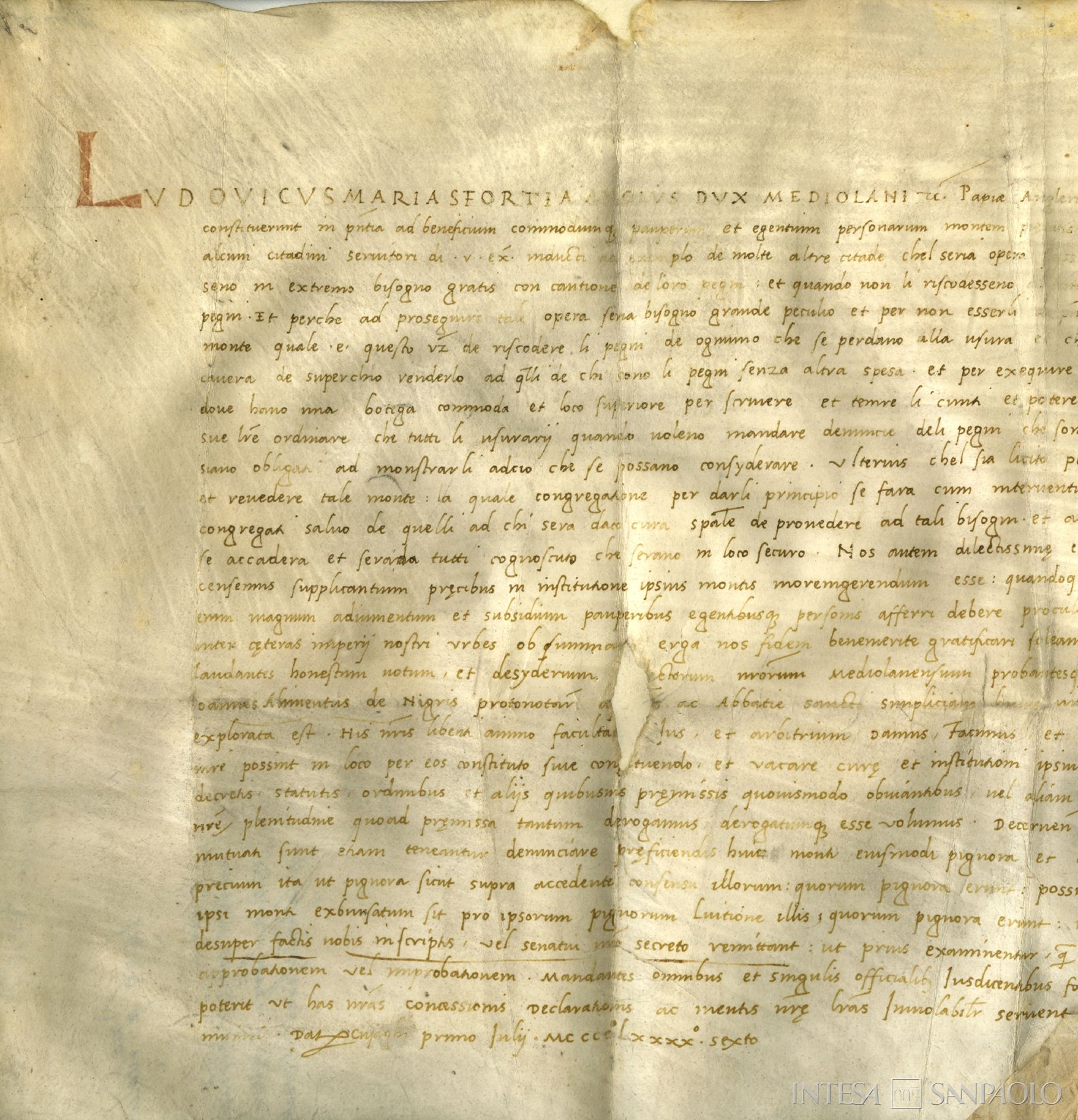 Monte di Pietà di Milano, pergamena che attesta la costituzione del Monte, 1 luglio 1496