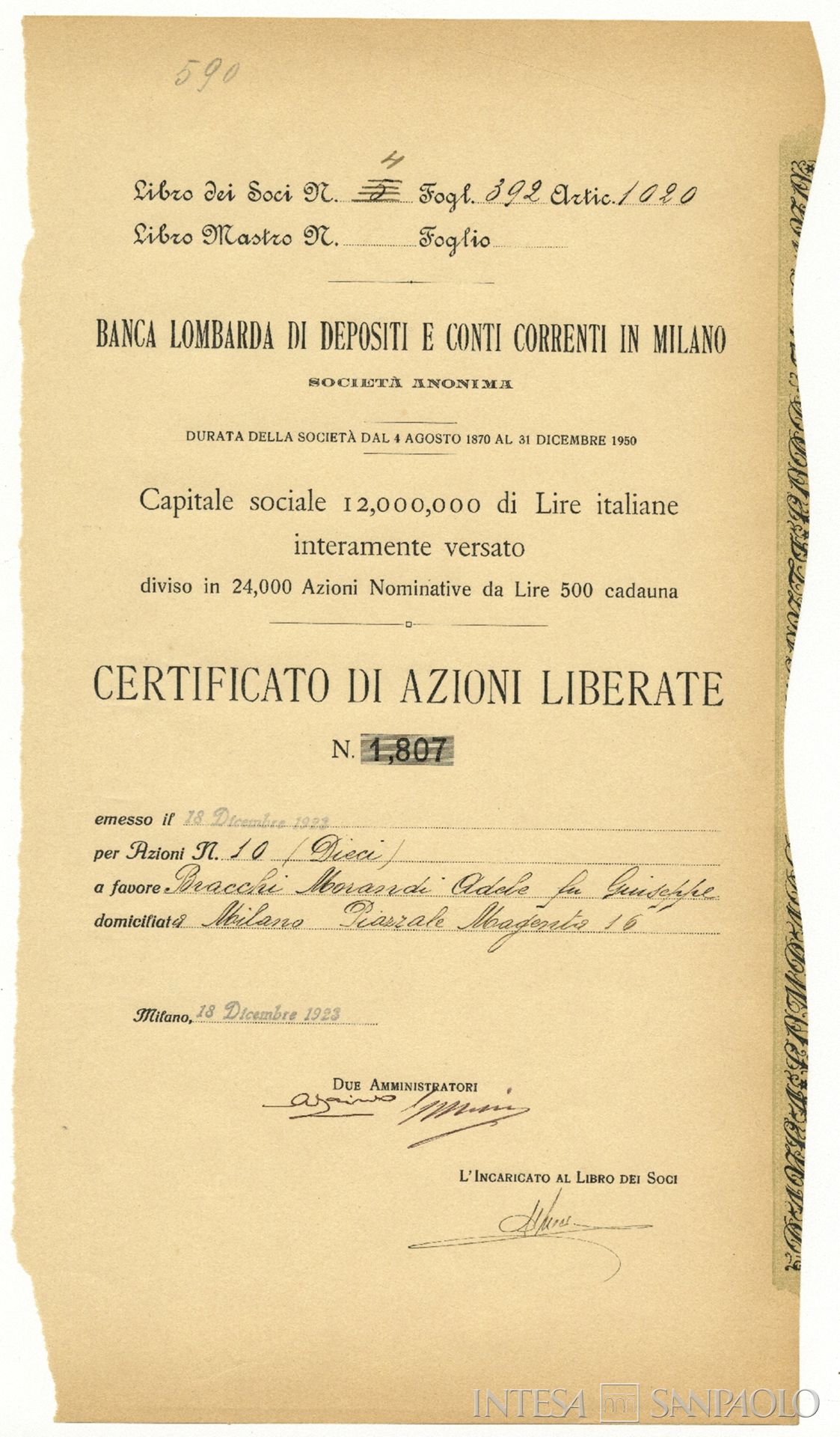Banca Lombarda di Deposito e Conti Correnti, certificato azionario del 1923
