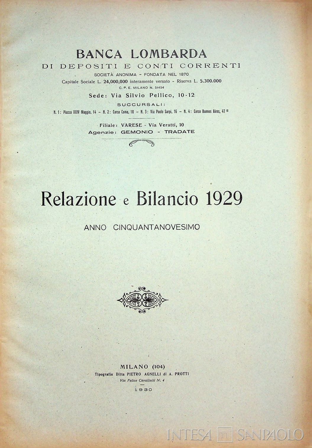 Banca Lombarda di Deposito e Conti Correnti, relazioni e bilancio del 1929