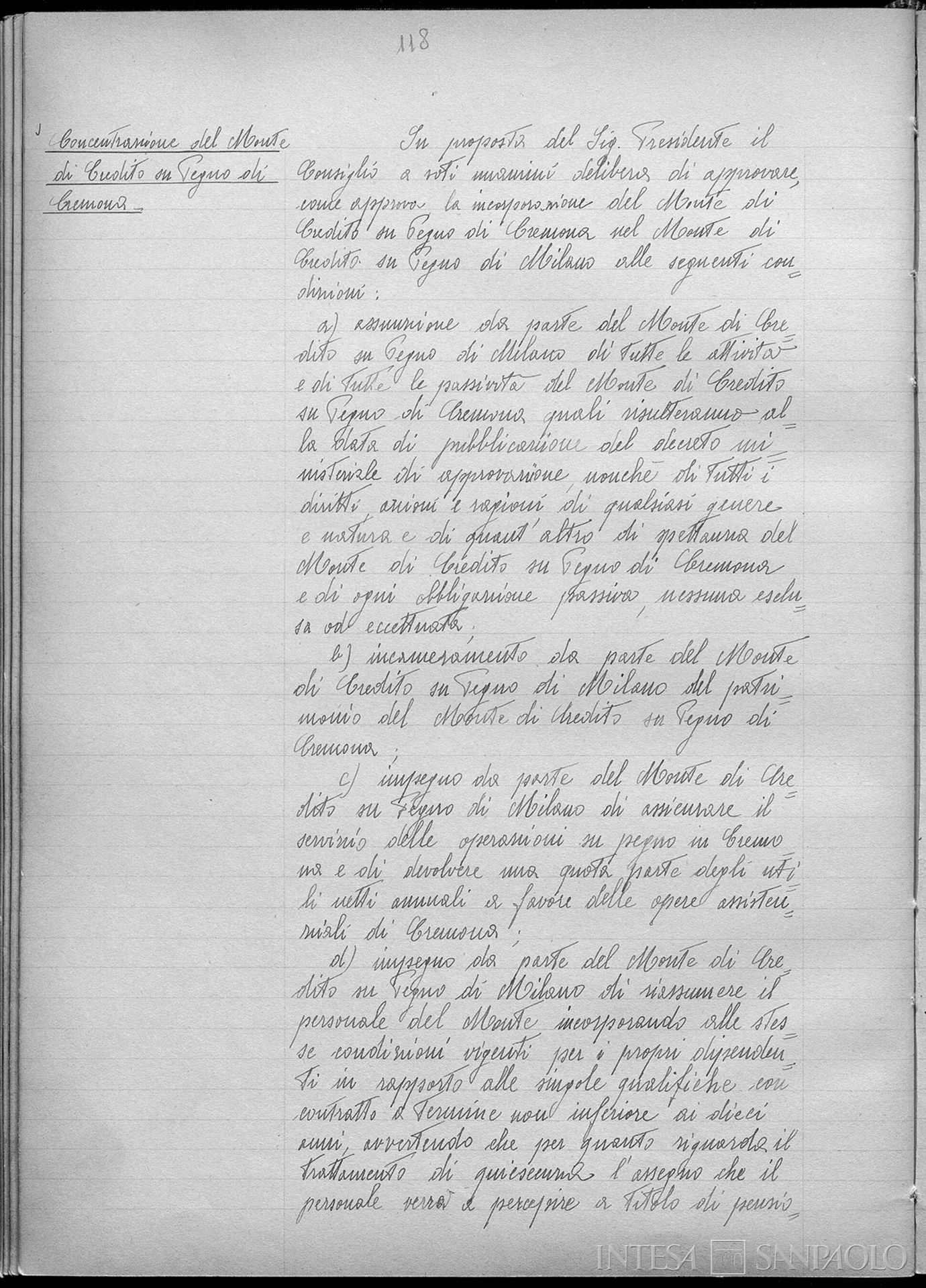 Monte di Credito su Pegno di Cremona, delibera del Consiglio di Amministrazione del Monte di Credito su Pegno di Milano relativa all'assorbimento del Monte, 16 settembre 1947