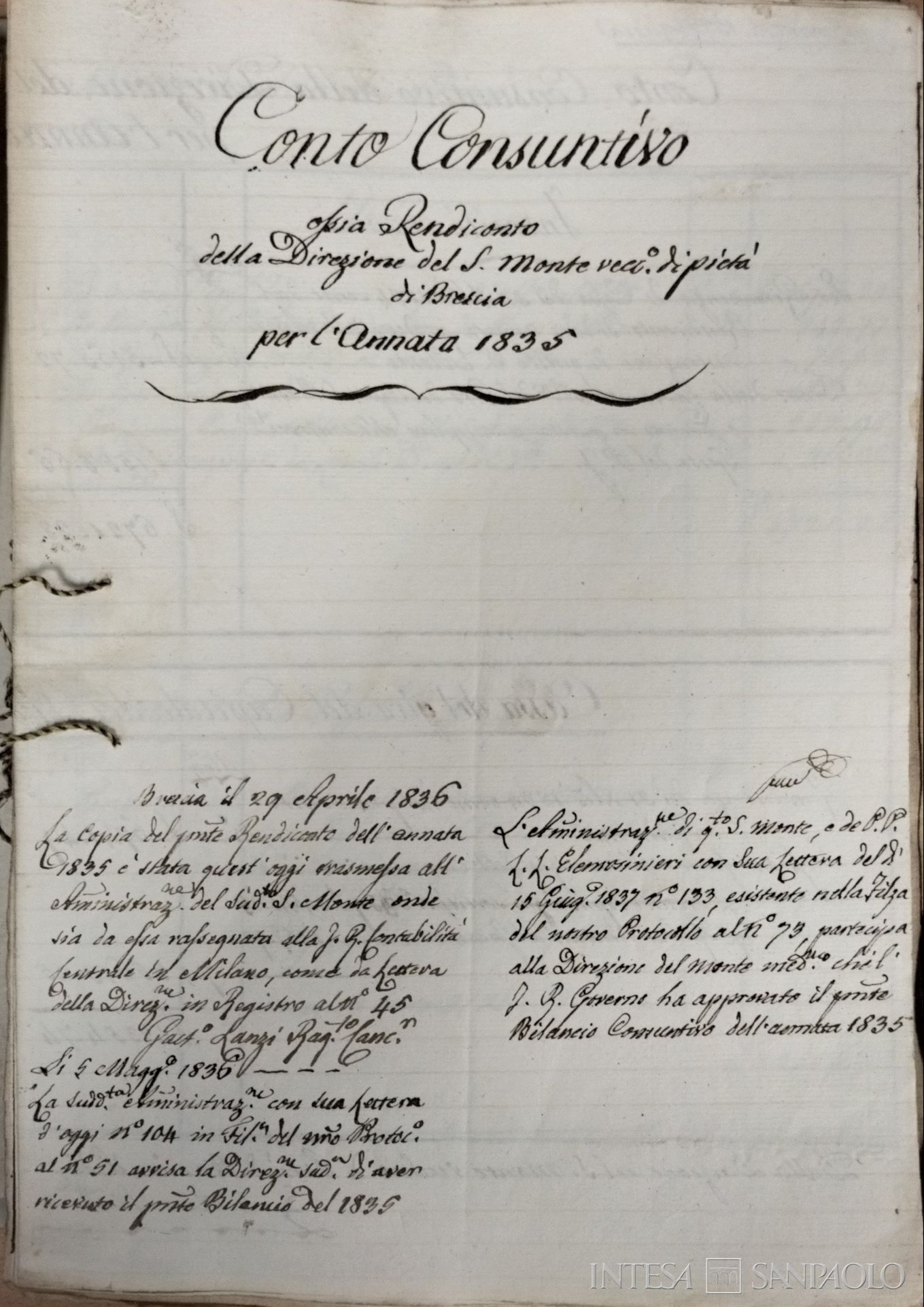 Monte Vecchio di Pietà di Brescia, conto consuntivo, ossia rendiconto della Direzione del Monte per il 1835