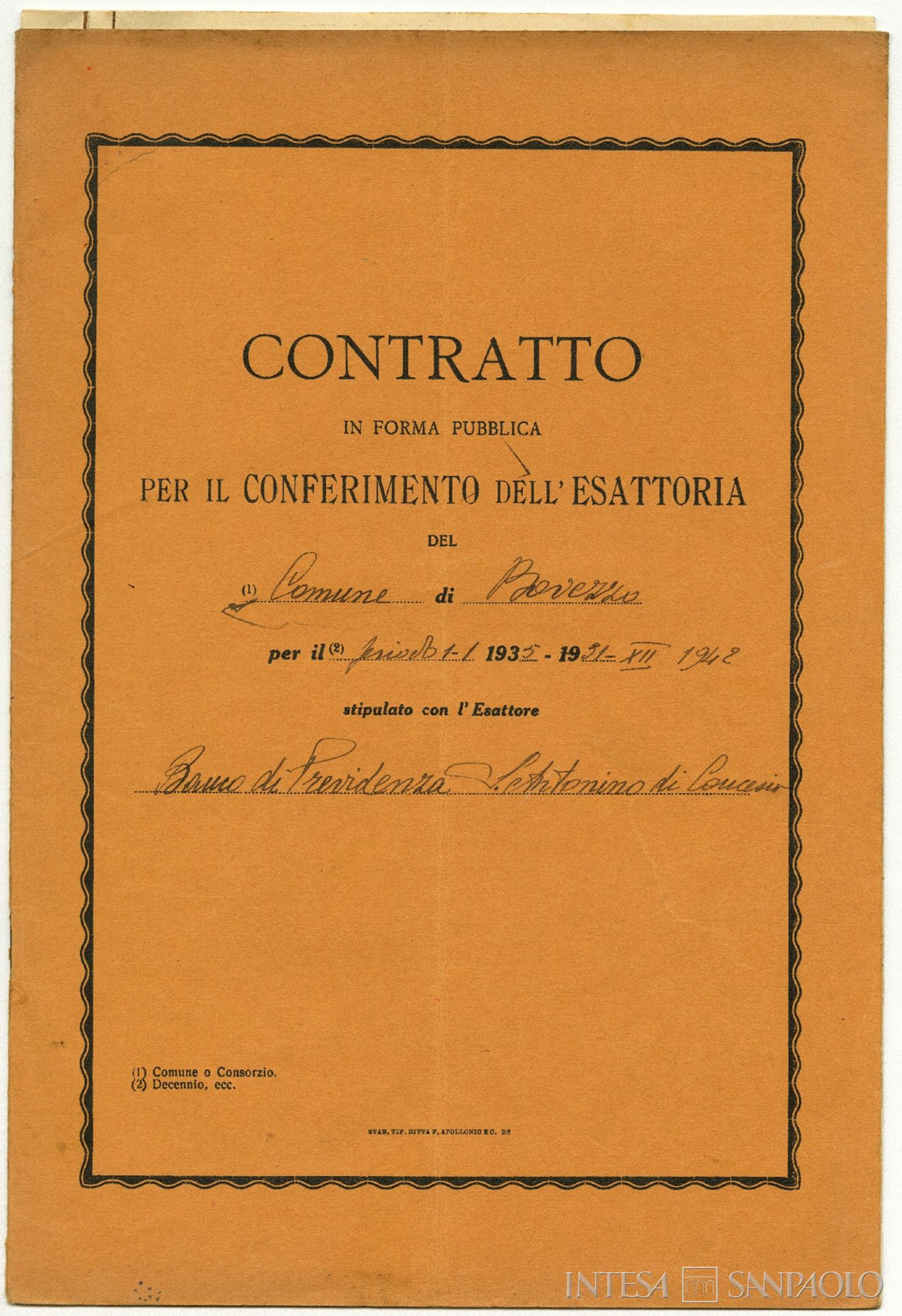 Banco di Previdenza S. Antonino di Concesio, contratto per il conferimento dell'esattoria del Comune di Bovezzo, per il periodo 1 gennaio 1935-31 dicembre 1942