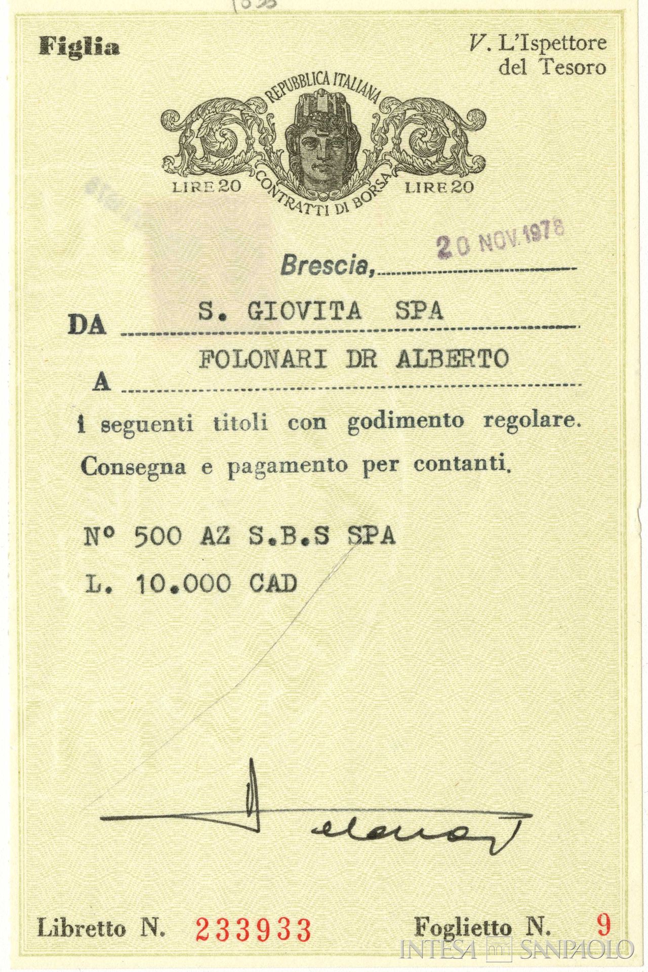 Banca San Giovita, titolo di proprietà, 20 novembre 1978