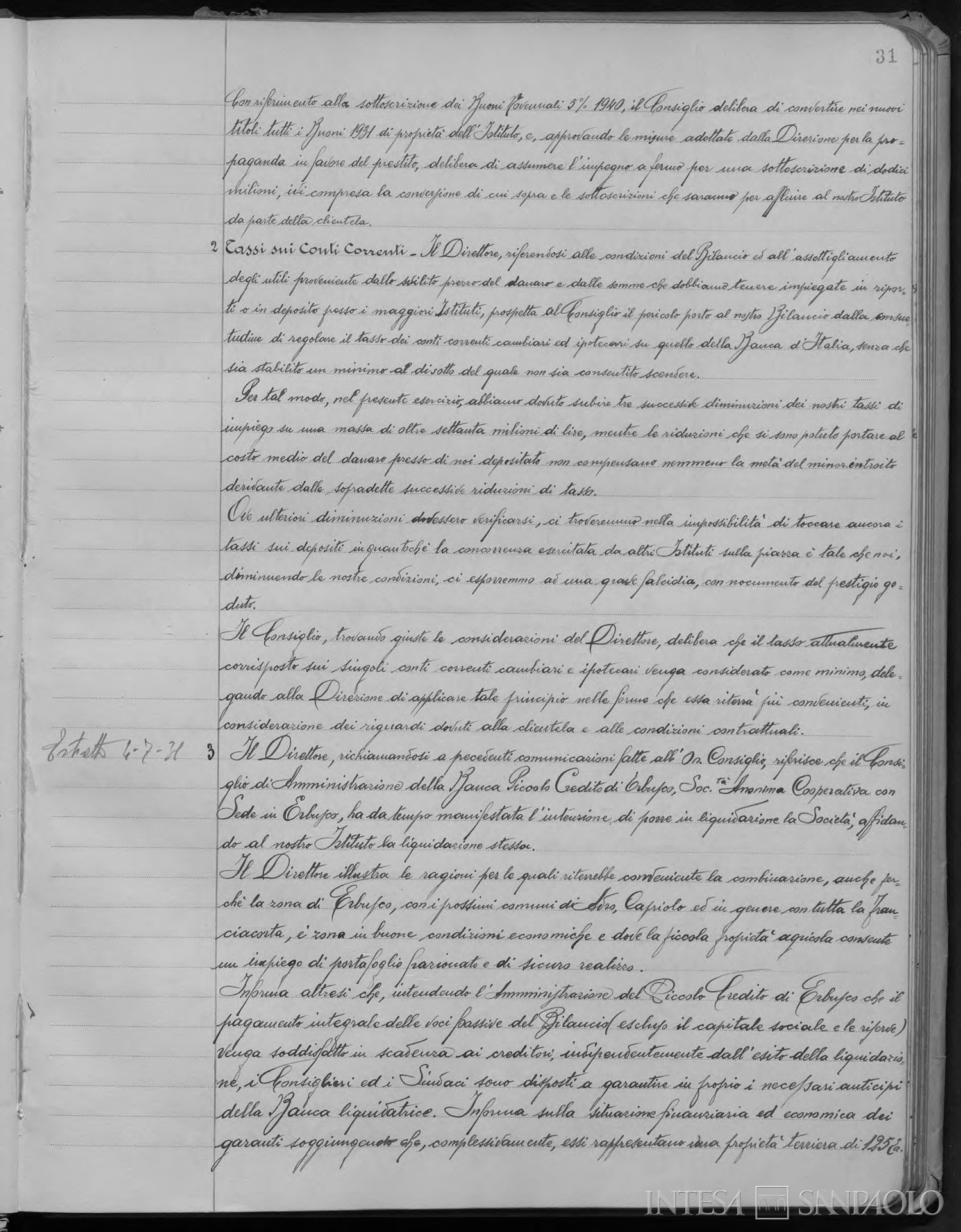 Banca Piccolo Credito di Erbusco, delibera dal CdA per l'assorbimento nella Banca San Paolo di Brescia, 15 maggio 1931