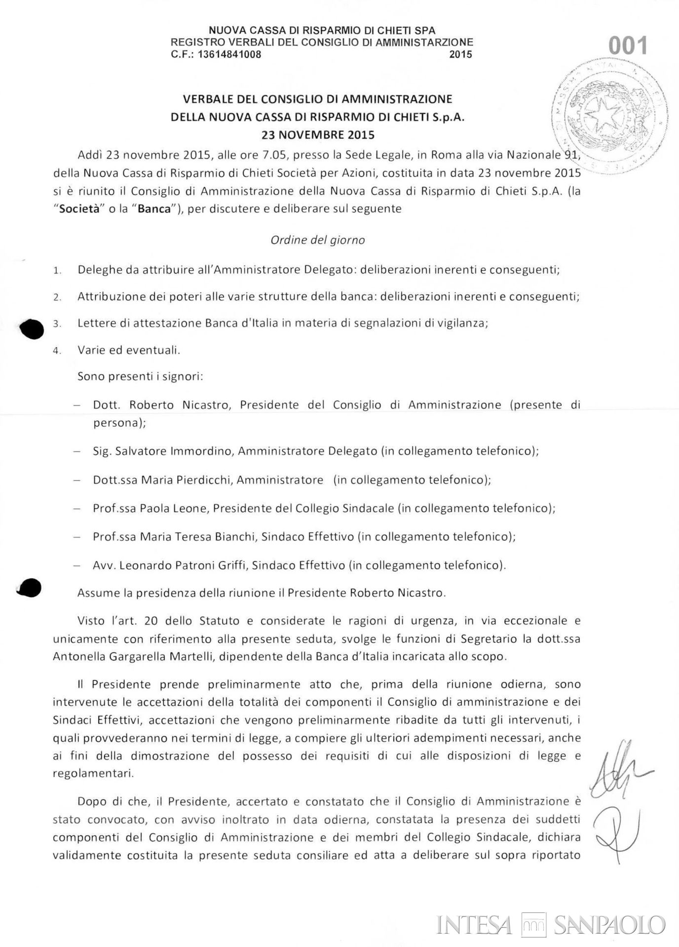 Nuova Cassa di Risparmio di Chieti poi Banca Teatina, verbale della prima seduta del Consiglio di Amministrazione della Nuova Cassa di Risparmio di Chieti, 23 novembre 2015