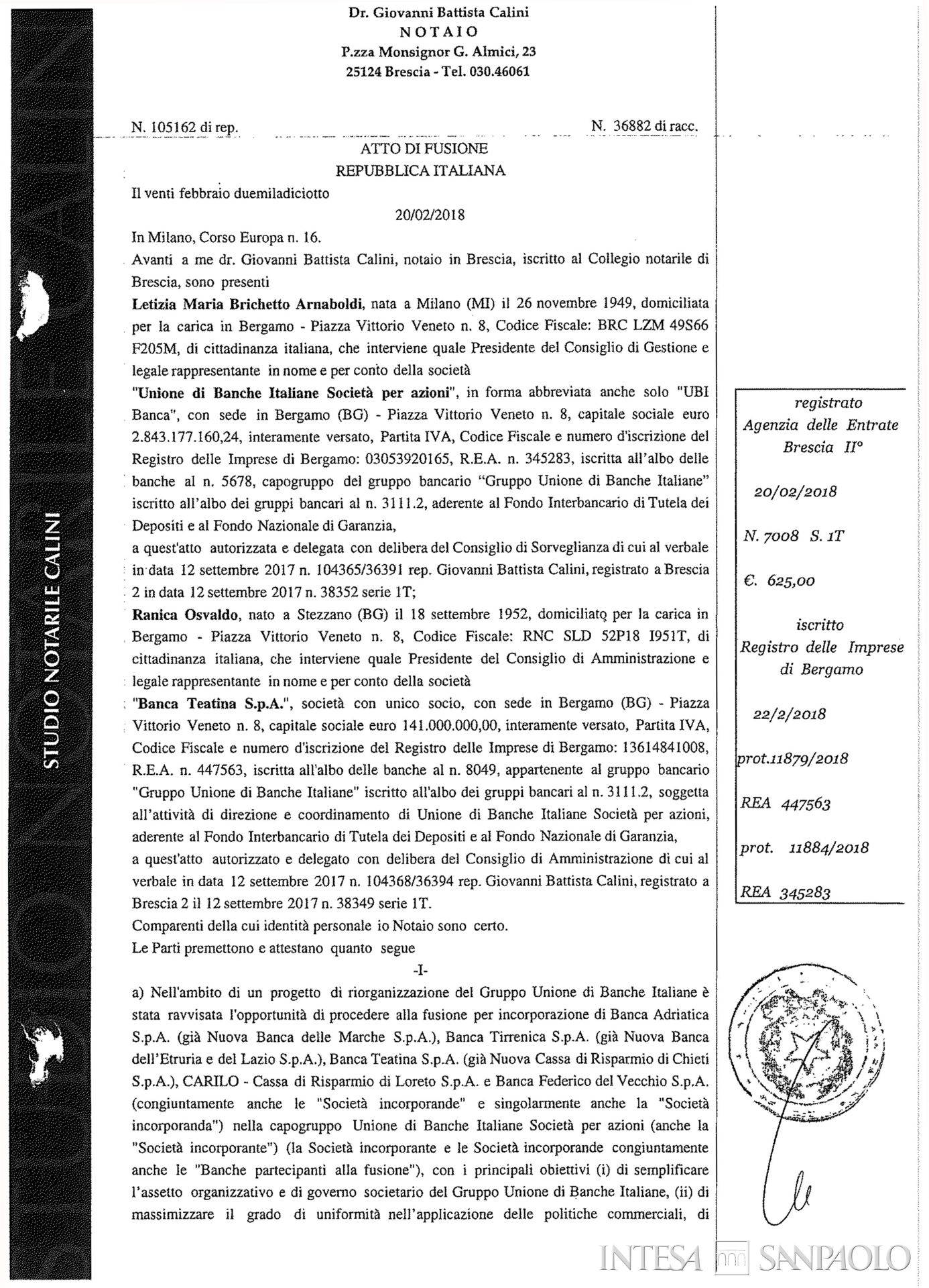 Nuova Cassa di Risparmio di Chieti poi Banca Teatina, atto di fusione per incorporazione di Banca Teatina in UBI Banca, 20 febbraio 2018