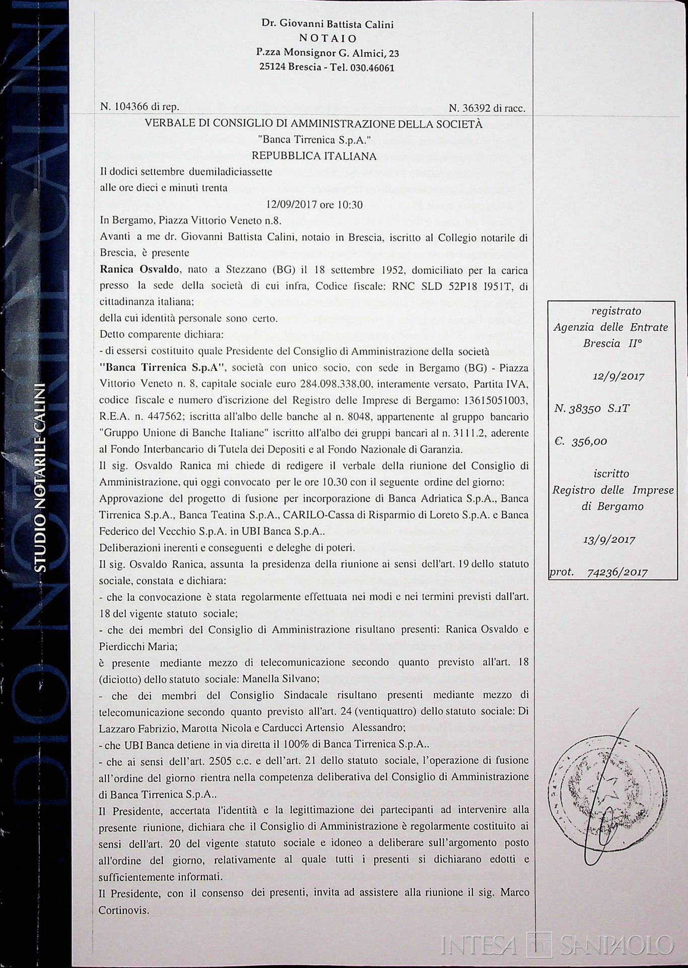 Nuova Banca dell'Etruria e del Lazio Etruria poi Banca Tirrenica, delibera del CdA di Banca Tirrenica a favore del progetto di fusione in UBI Banca, 12 settembre 2017