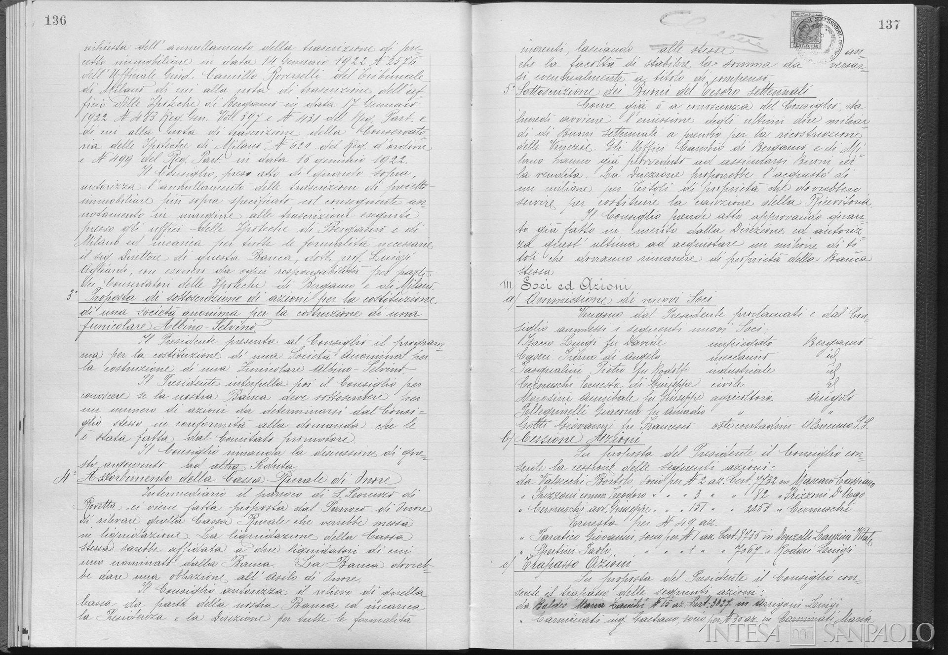 Cassa Rurale di Onore, delibera del CdA sull'assorbimento nella Banca Mutua Popolare di Bergamo, 25 ottobre 1922