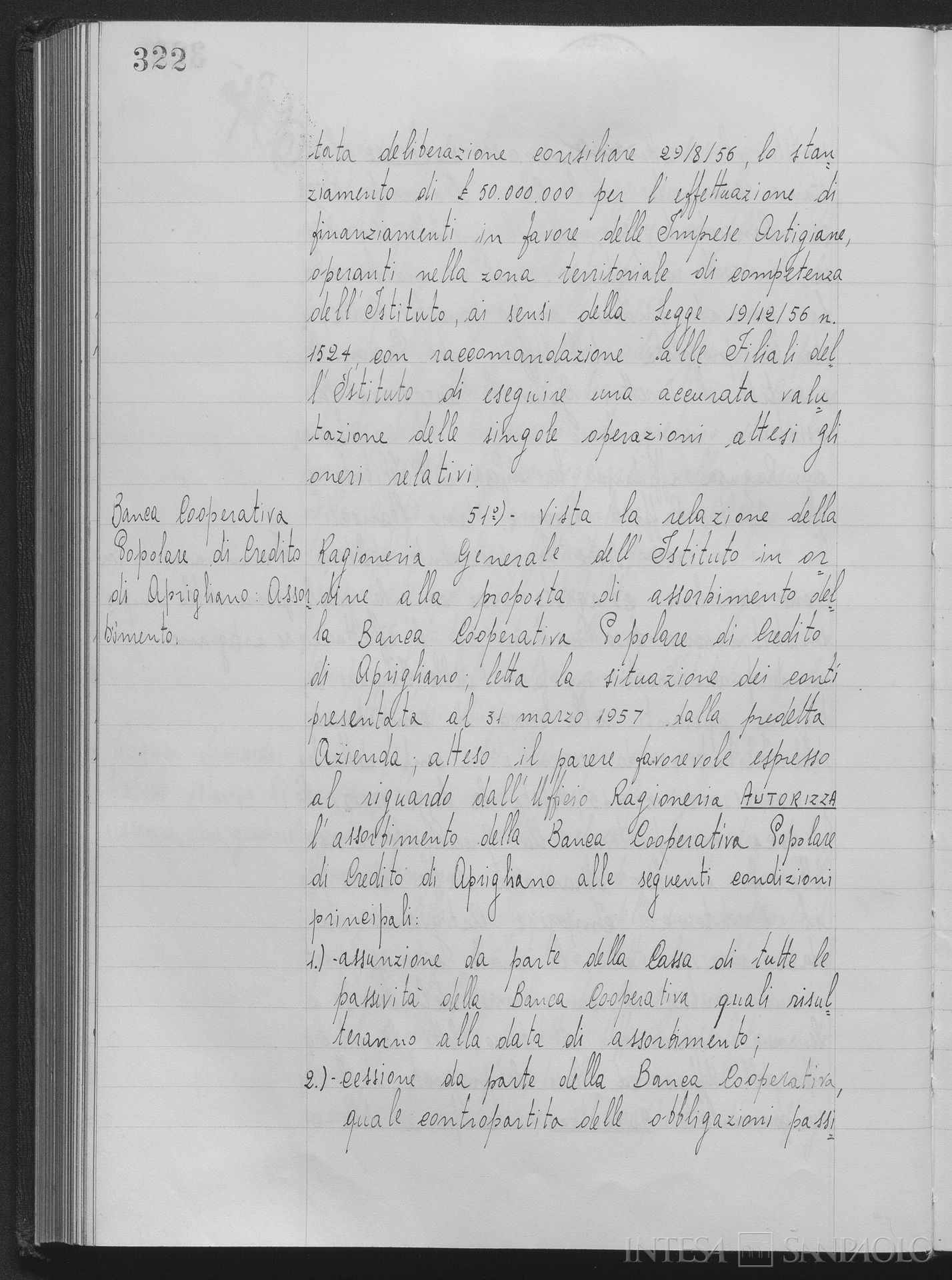 Banca Popolare Cooperativa di Credito di Aprigliano, comunicazione relativa all'assorbimento nella Cassa di Risparmio di Calabria e di Lucania, 13 maggio 1957