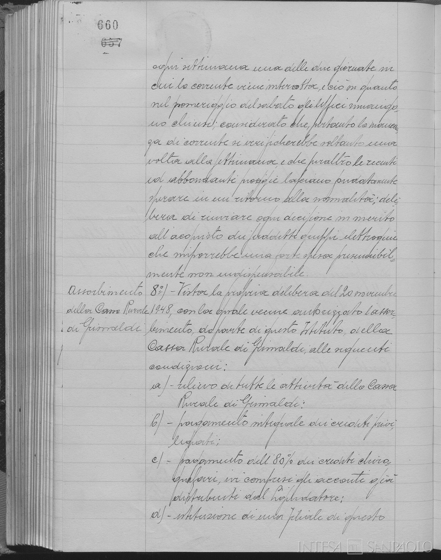 Cassa Rurale di Grimaldi, delibera relativa all'assorbimento da parte della Cassa di Risparmio di Calabria, 6 novembre 1949