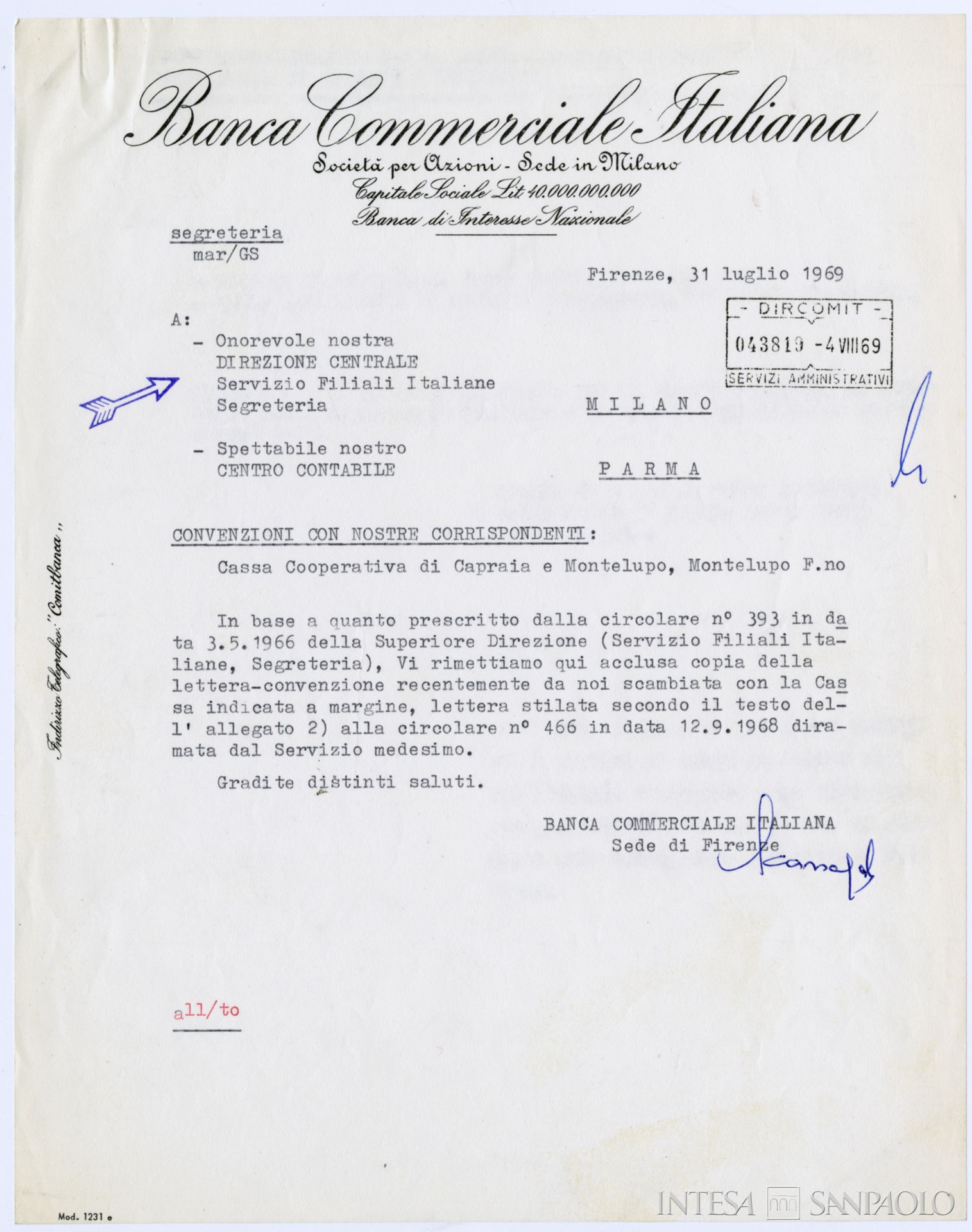 Banca Cooperativa di Capraia e Montelupo Fiorentino, convenzione con la BCI, 1969