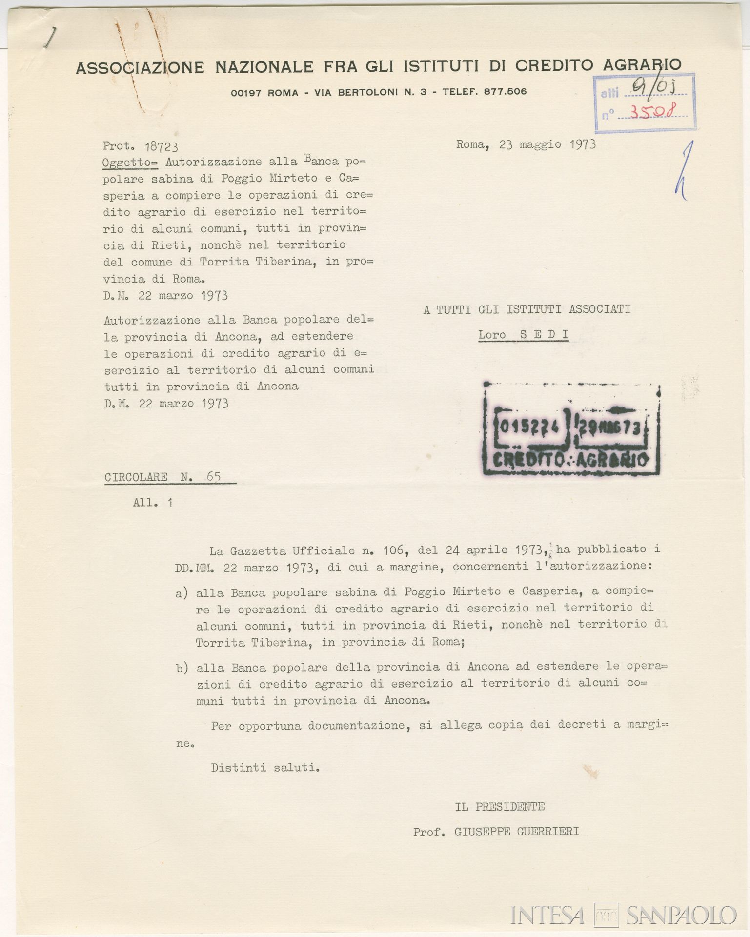 Banca Popolare Sabina di Poggio Mirteto e Casperia, circolare n. 65 dell'Associazione Nazionale fra gli Istituti di Credito Agrario sull'autorizzazione ministeriale alla Banca Popolare Sabina a compiere operazioni di credito agrario nei comuni della provincia di Rieti e limitrofi, 23 maggio 1973