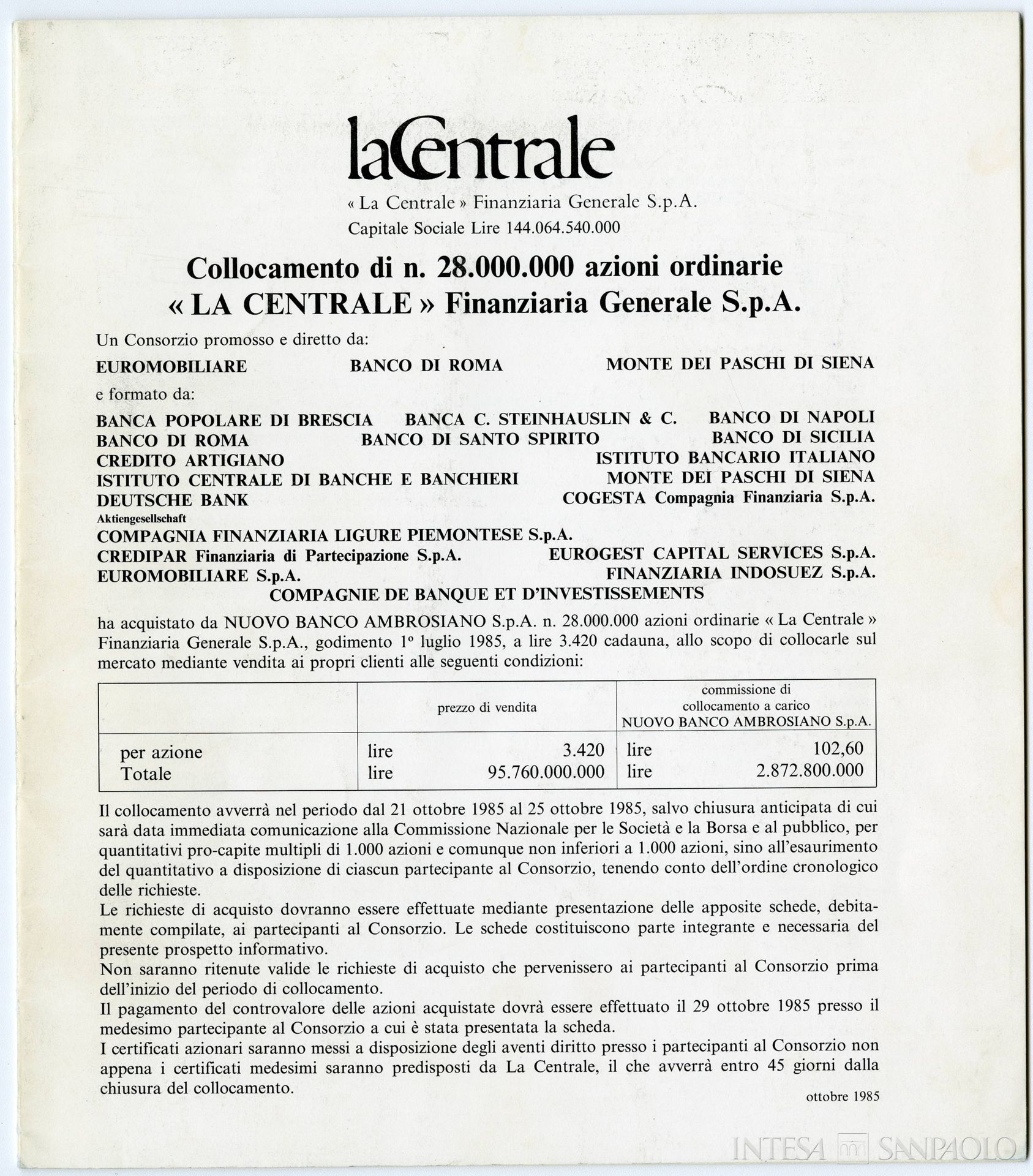 La Centrale, frontespizio del prospetto informativo relativo al collocamento di 28.000.000 azioni ordinarie dell'istituto, 1985