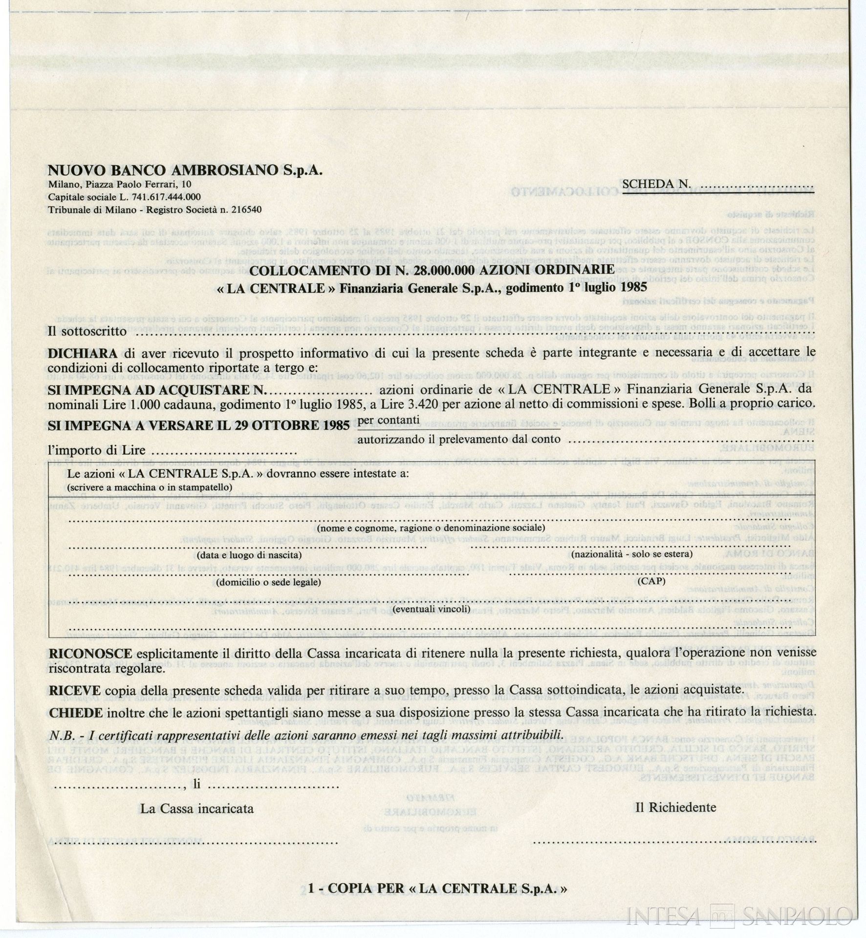 La Centrale, scheda di accettazione del prospetto informativo relativo al collocamento di 28.000.000 azioni ordinarie dell'istituto, 1985