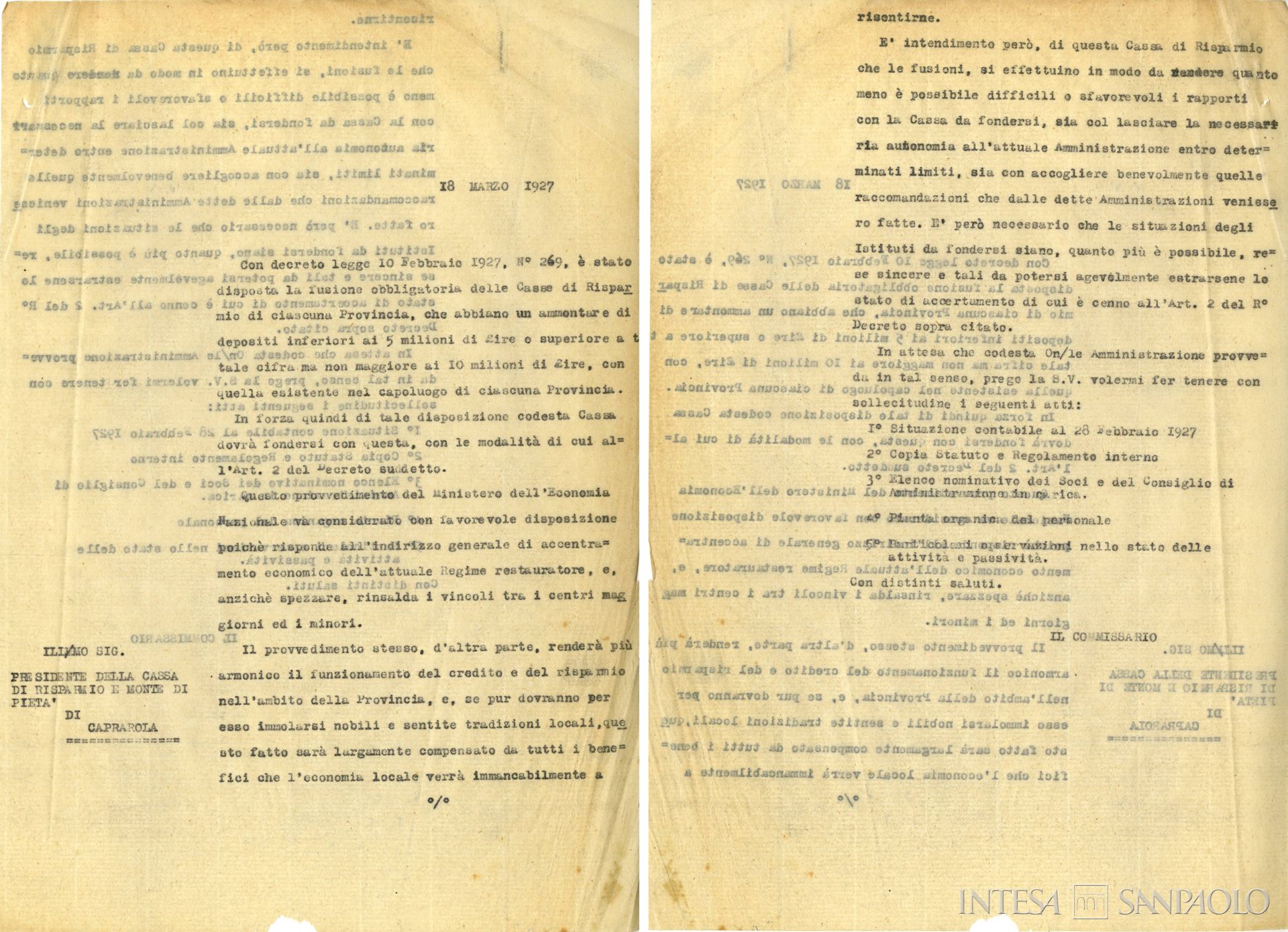Monte di Pietà e Cassa di Risparmio di Caprarola, pagine estratte dall'atto di fusione nella Cassa di Risparmio della Provincia di Viterbo, 18 marzo 1927