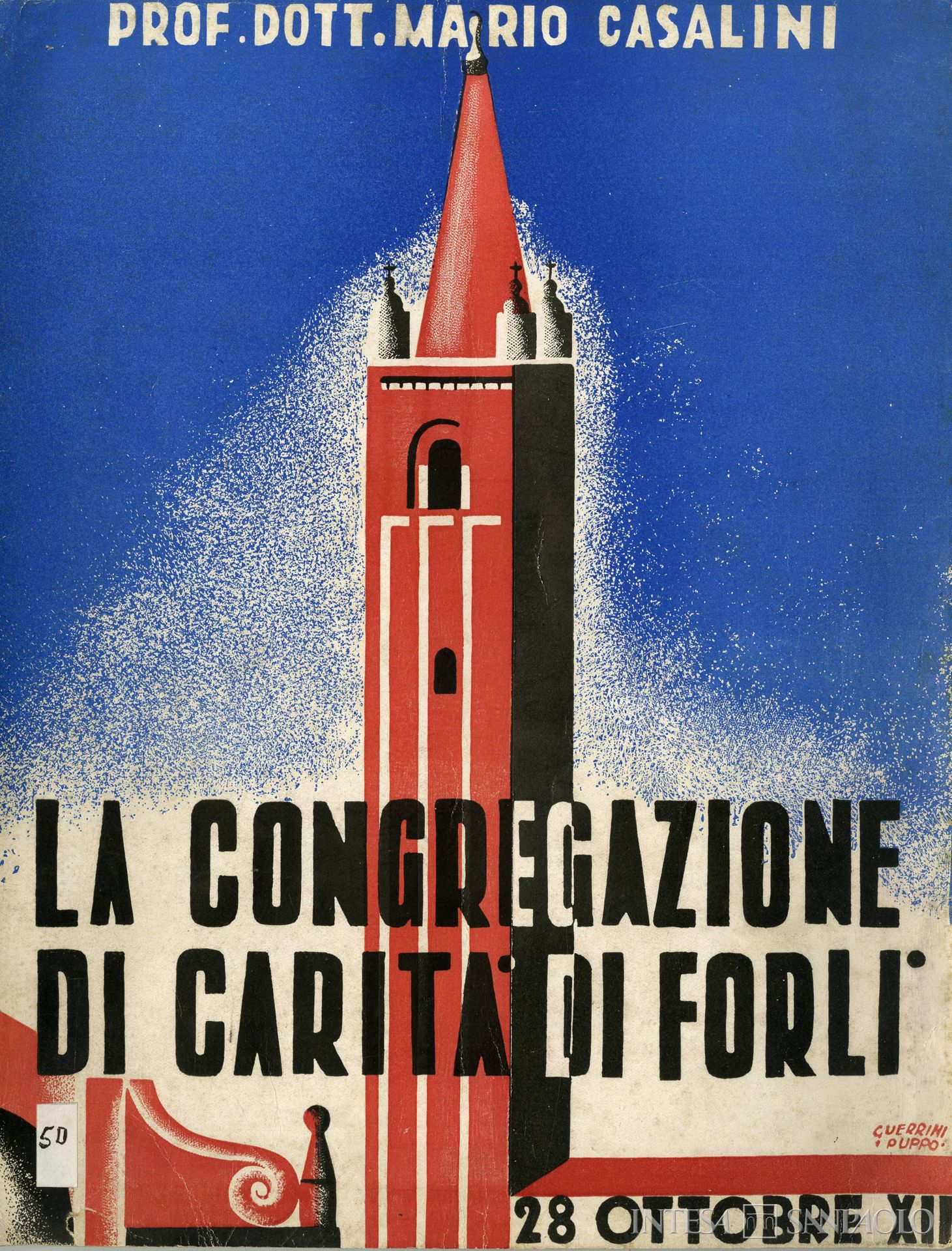 Monte di Pietà di Forlì, frontespizio della pubblicazione La Congregazione di Carità di Forlì, 1934 (illustrazione di G. Guerrini e E. Puppo)