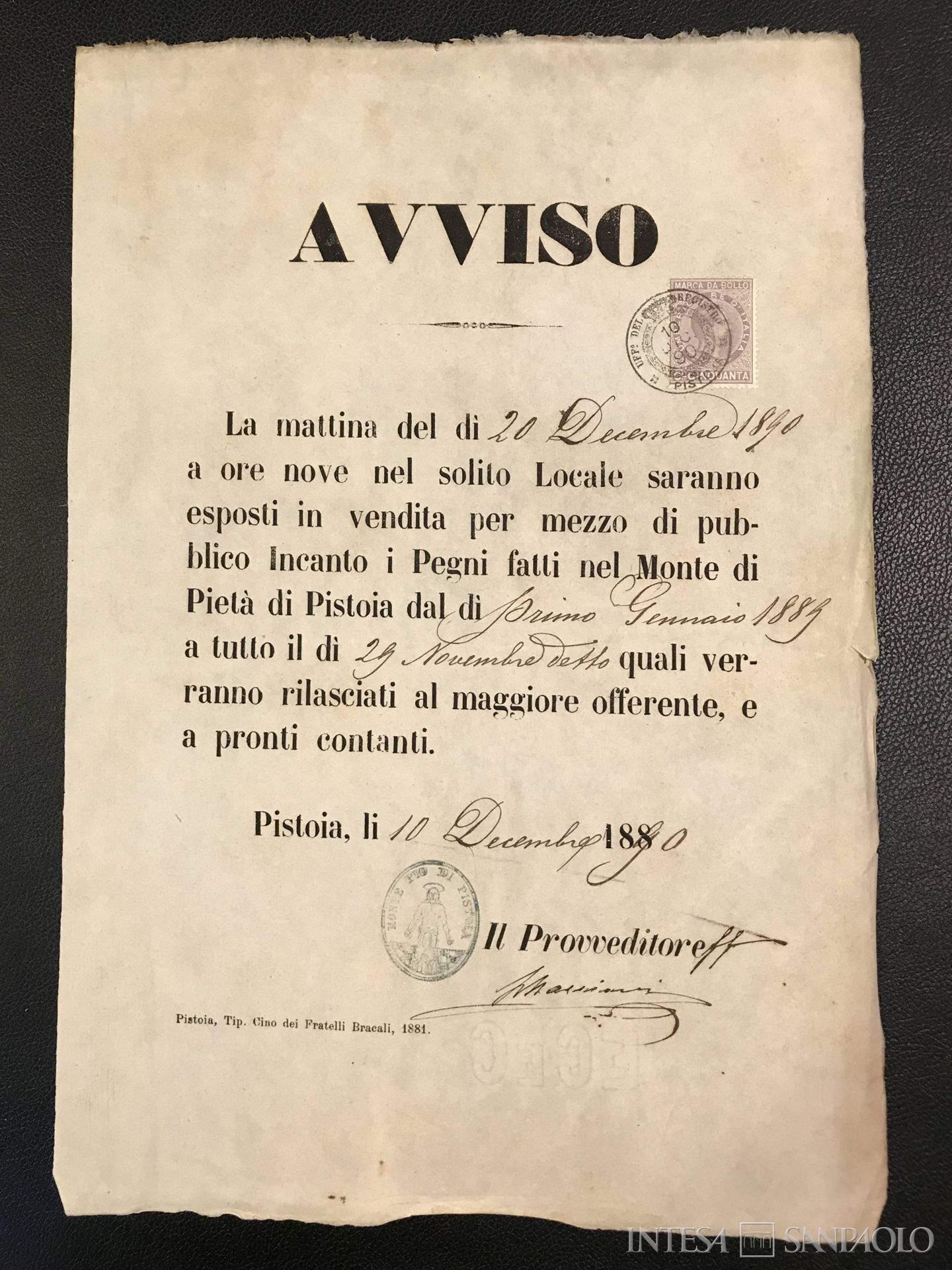 Monte di Pietà di Pistoia, avviso d'asta, 1890