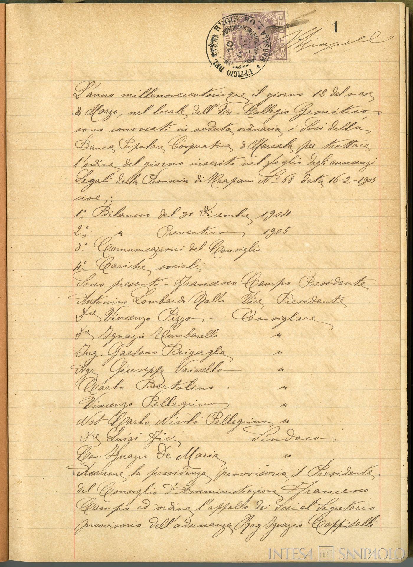 Banca Popolare Cooperativa di Marsala, pagina estratta dai Verbali delle Assemblee, 1905-1912