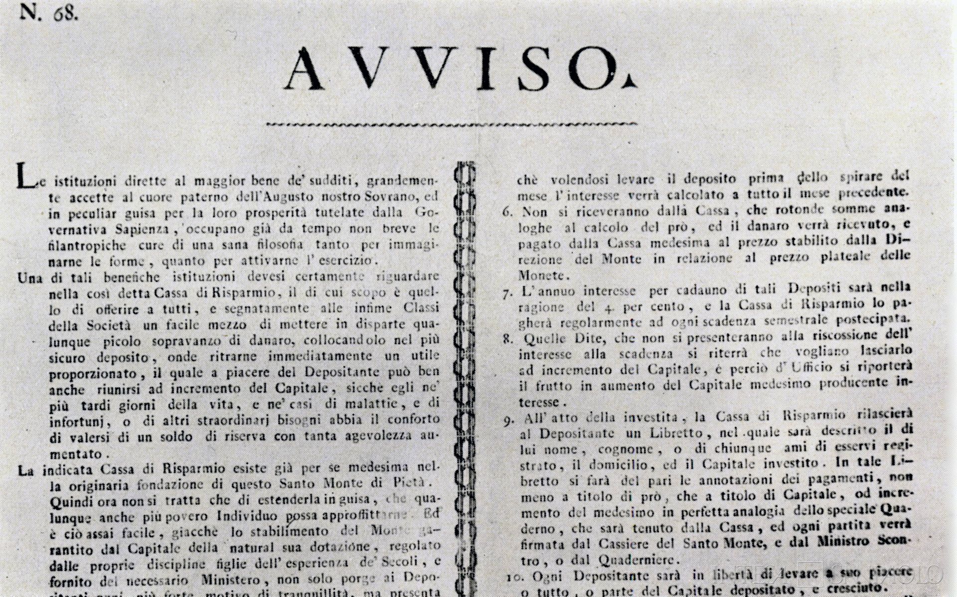 Monte di Pietà di Udine, avviso della Direzione in cui si comunica l'apertura della Cassa di Risparmio, documento datato 3 febbraio 1822 tratto da Un palazzo vivo, 1968