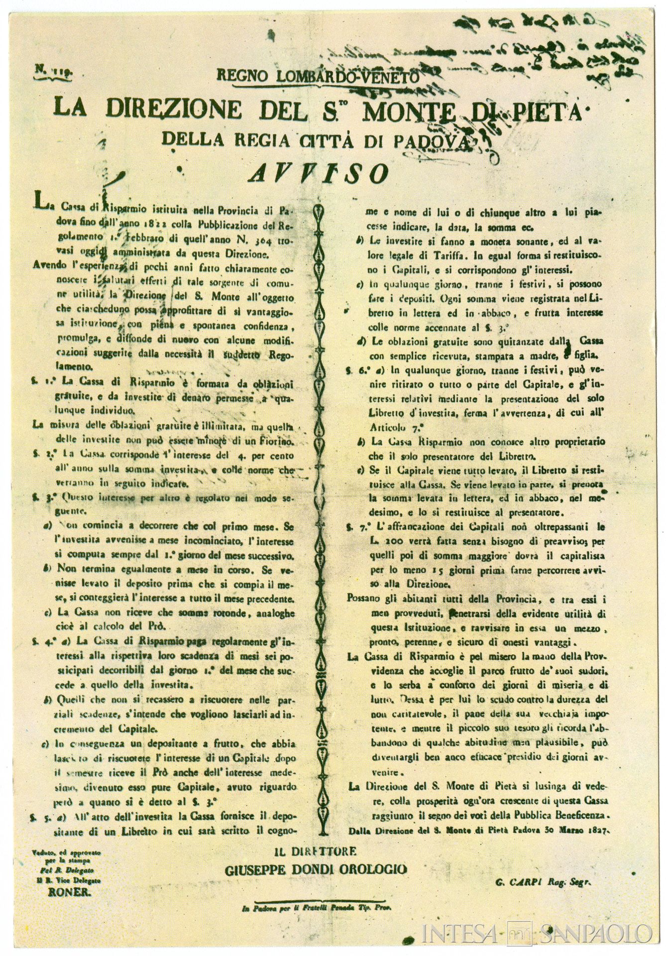 Monte di Pietà di Padova, avviso in merito all'istituzione della Cassa di Risparmio di Padova, 30 marzo 1827