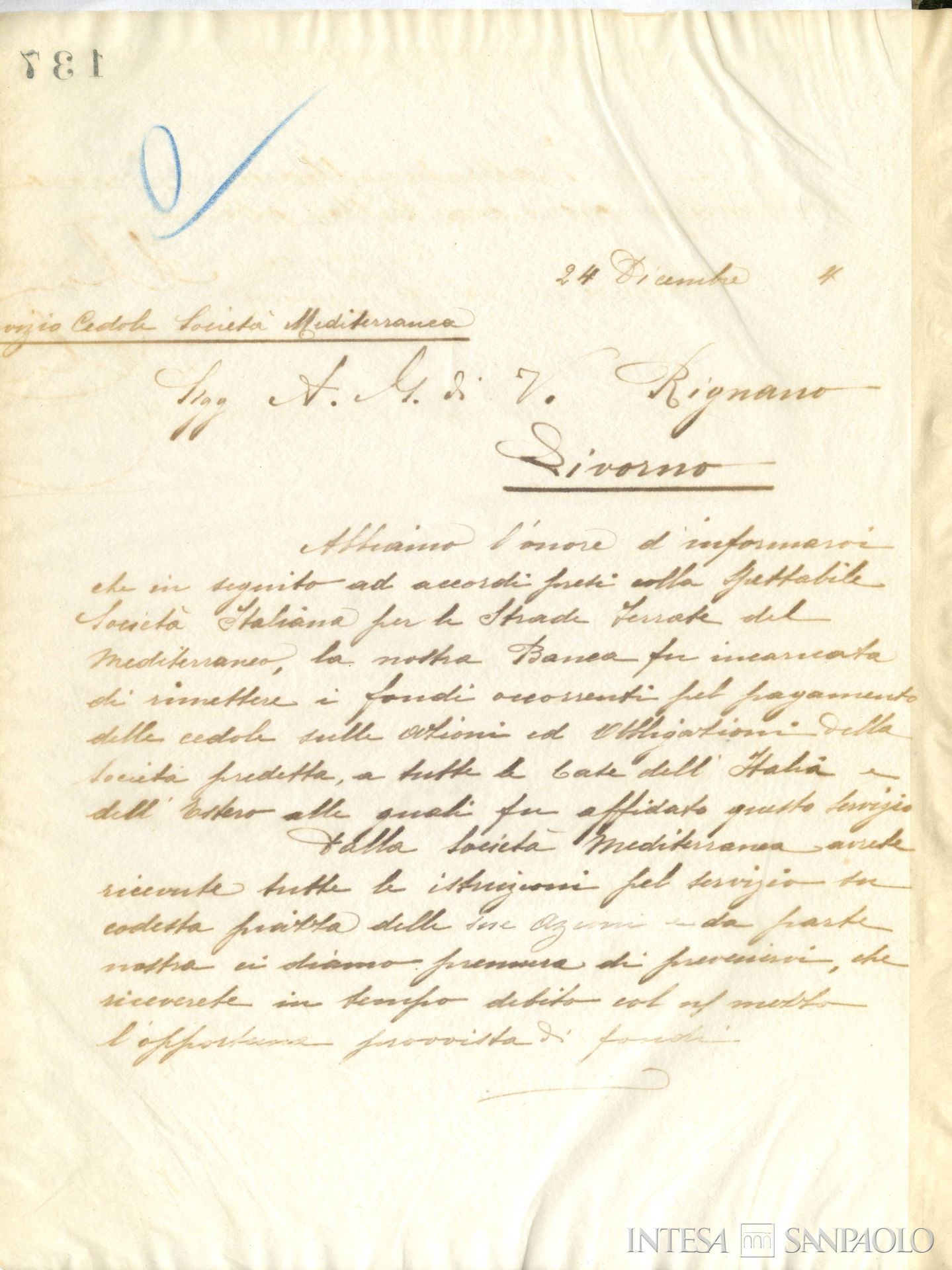 A. e G. di V. Rignano, lettera della Banca Commerciale Italiana all'istituto riguardante il Servizio Cedole delle Strade Ferrate del Mediterraneo, 24 dicembre 1894