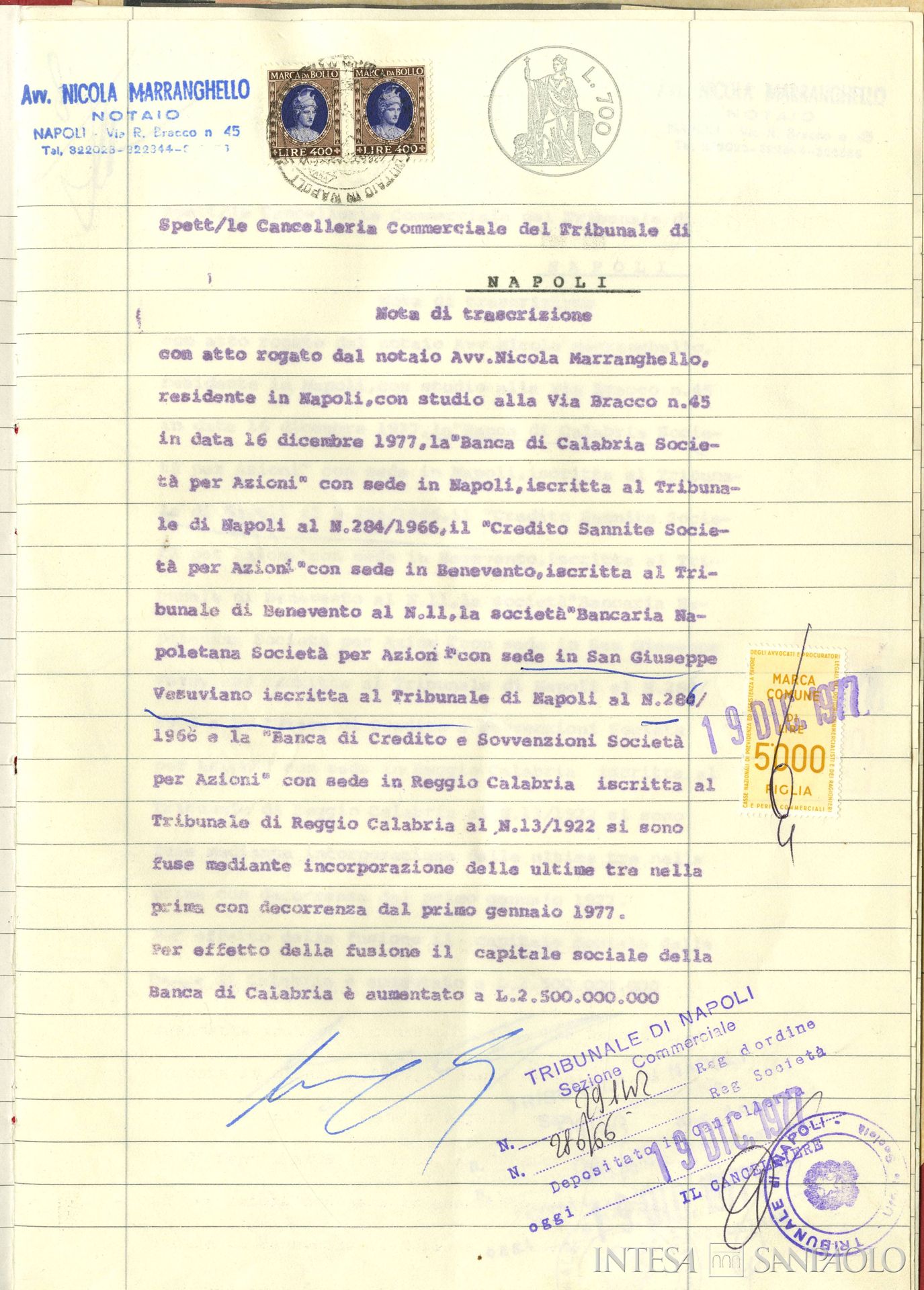 Società Bancaria Napoletana, atto di fusione dell'istituto, del Credito Sannite e della Banca di Credito e Sovvenzioni nella Banca di Calabria, 19 dicembre 1977