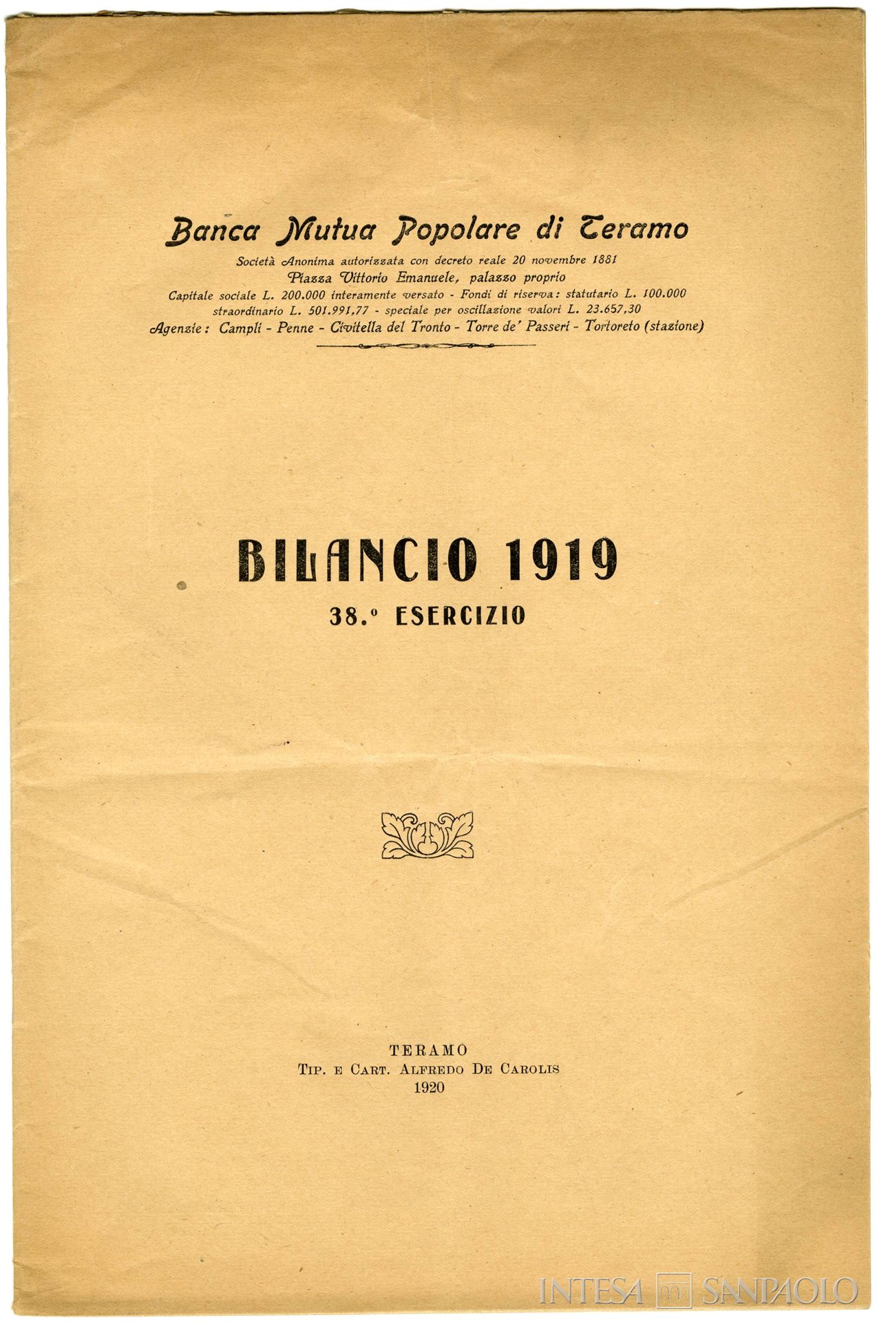 Banca Mutua Popolare di Teramo, frontespizio del bilancio relativo al 1919, 1920