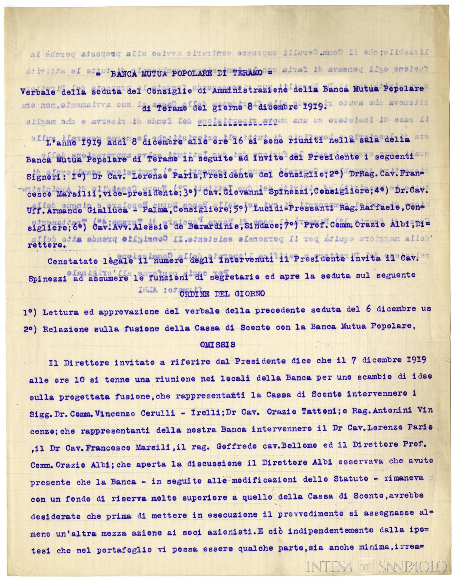 Banca Mutua Popolare di Teramo, pagina estratta dai Verbali del Consiglio di Amministrazione, 8 dicembre 1919