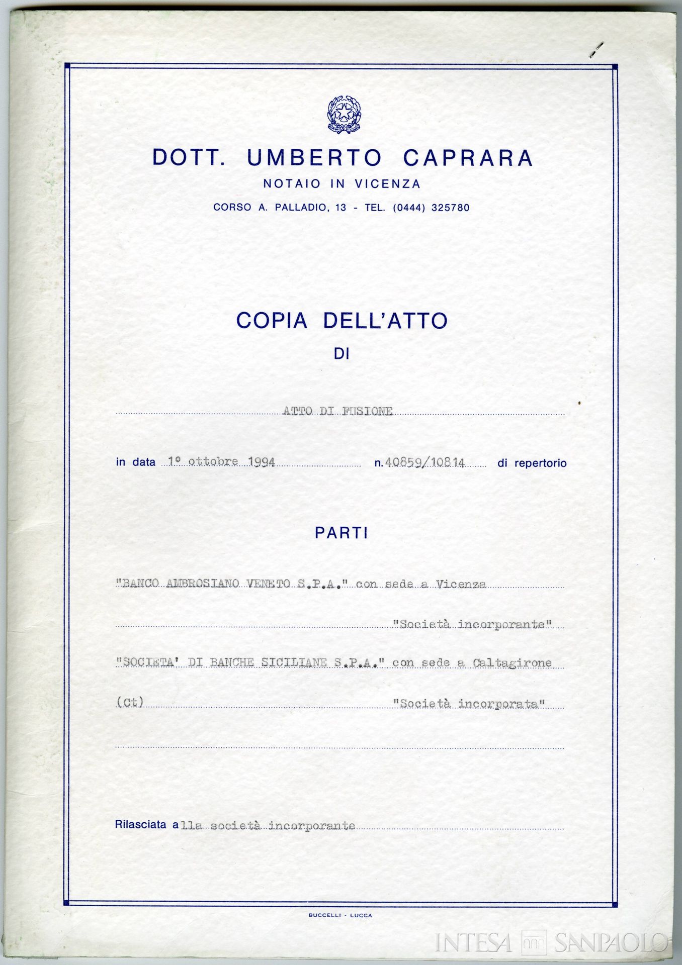 Società di Banche Siciliane, copia dell'atto notarile che sancisce la fusione fra il Banco Ambrosiano Veneto e l'istituto, 1994