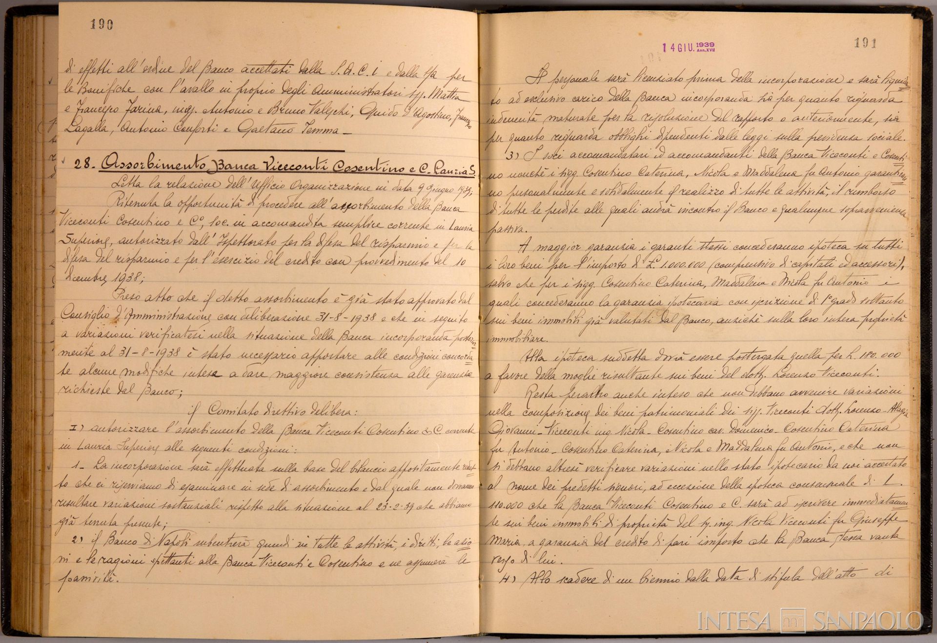 Banco di Napoli, Verbali del Comitato Direttivo, delibera n. 28 relativa all'assorbimento della Banca Viceconti Cosentino e C., 14 giugno 1939 (Archivio Storico del Banco di Napoli)